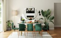 green and white wooden dining table and chairs